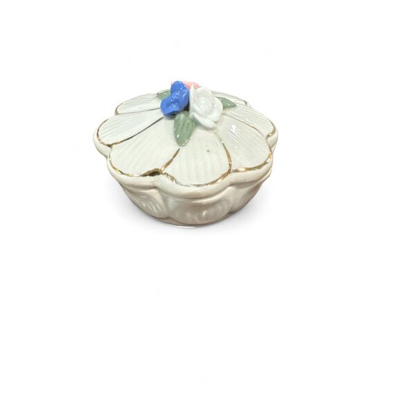 Vintage Ceramic Flower Trinket Lidded Petit Floral Trinket Ring Box 2 3/4" Dia - Picture 1 of 3